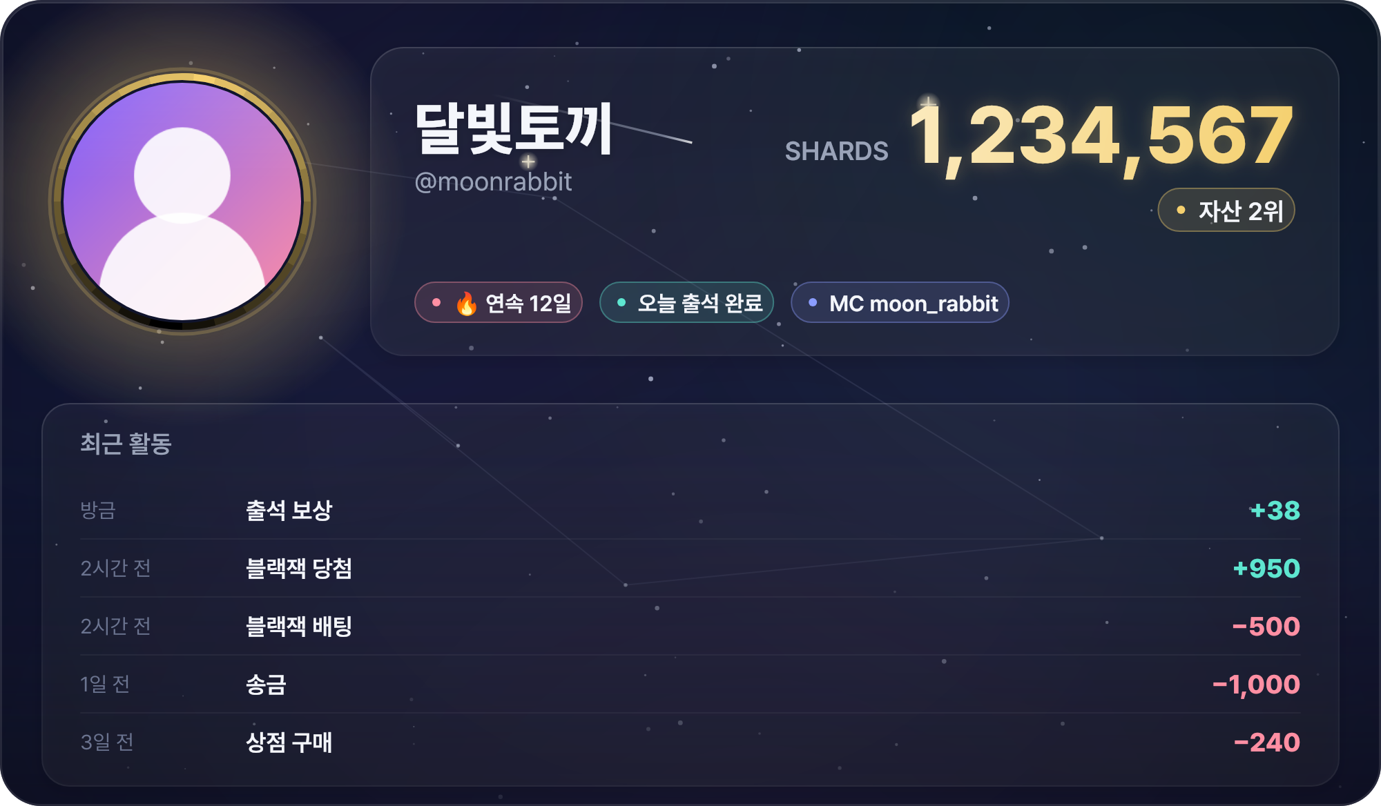달빛이 렌더링한 지갑 카드 — 잔액 1,234,567 Shards와 최근 활동 내역